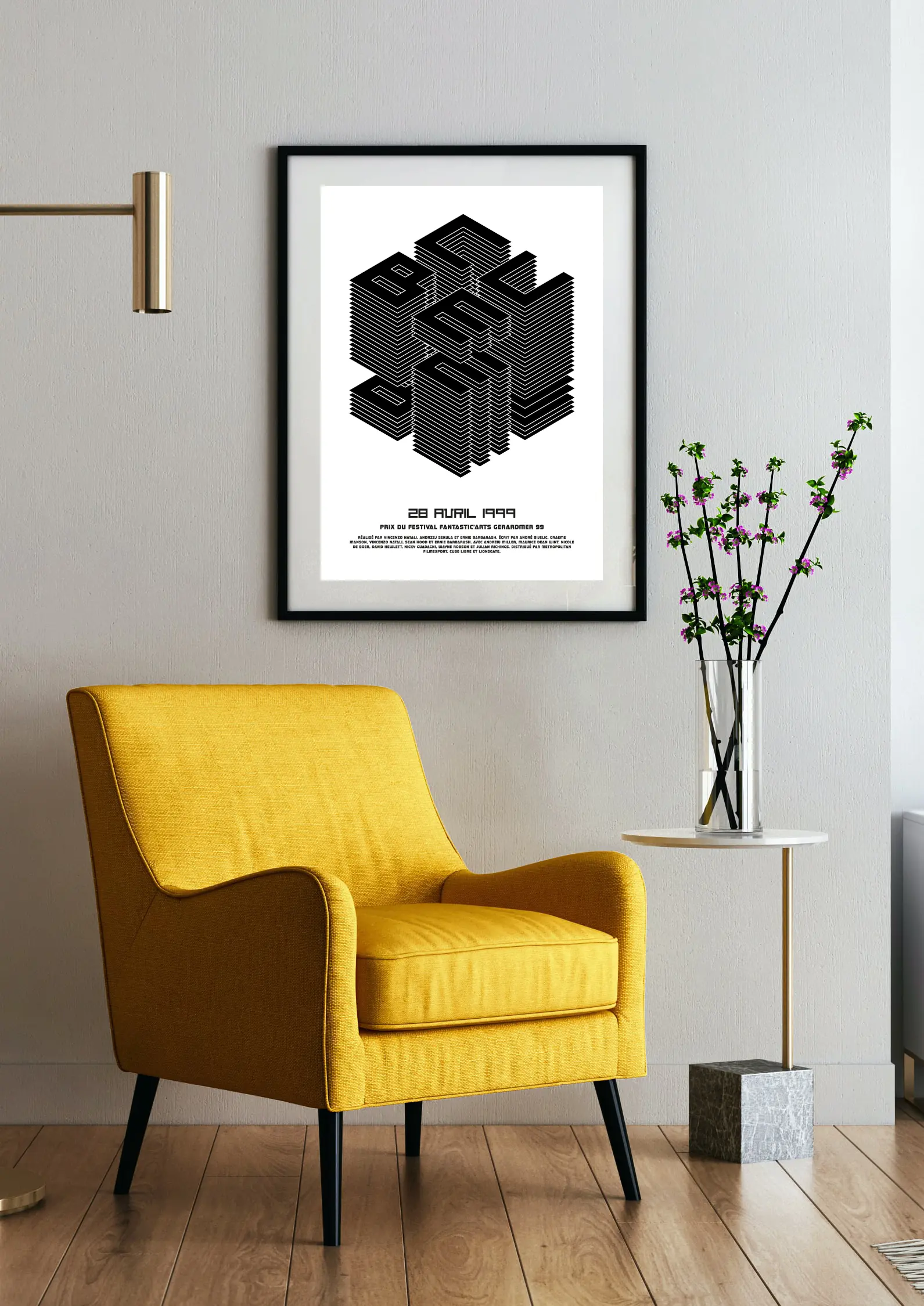 Mise en situation de l'affiche de film typographique Cube